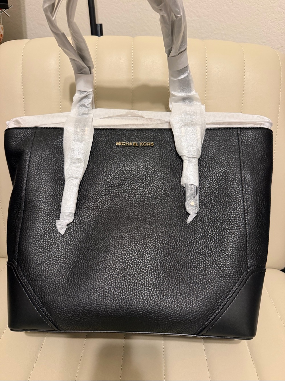 Michael Kors Black Pebbled Leather Tote with Gold Logo